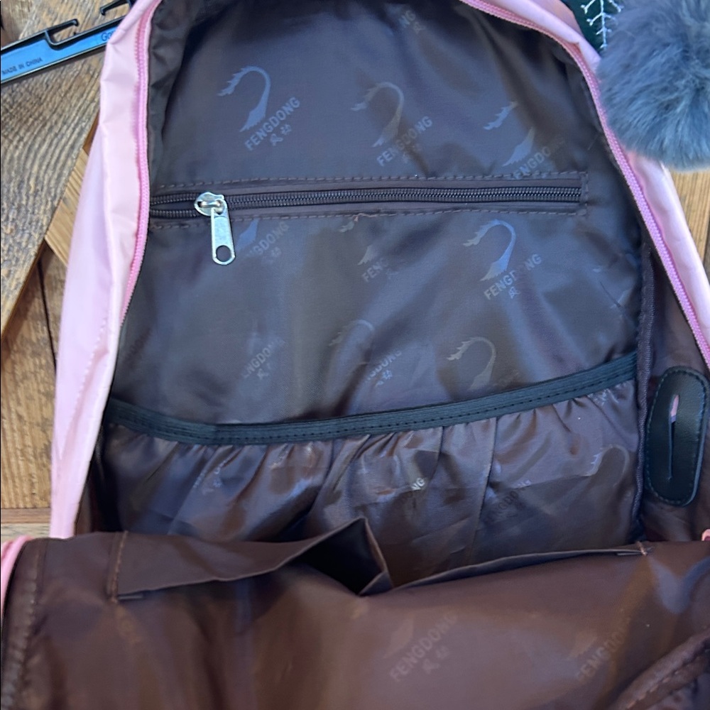 Fendong Girls Korean style pink and black backpack bow knot fur ball, charger - Picture 10 of 14